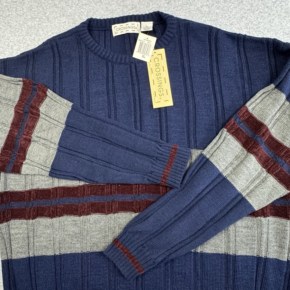 Crossings Colorblock Sweater Mens XL Navy Blue Striped Ribbed 90s Y2K Retro NWT